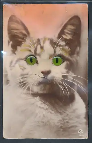 Glasaugen-AK Katze mit grünen Glasaugen, Karte mit integriertem Quietschmechanismus