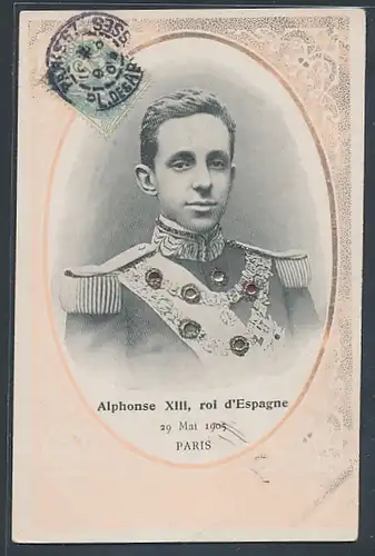 Glitzer-Perl-AK Alphonse XIII, roi d`Espagne, mit Glitzer-Perlen