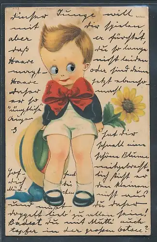 Glasaugen-AK Bub mit Strohhut und Sonnenblume hat Glasaugen