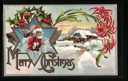 Künstler-AK Merry Christmas, Weihnachtsmann mit gefülltem Geschenkesack