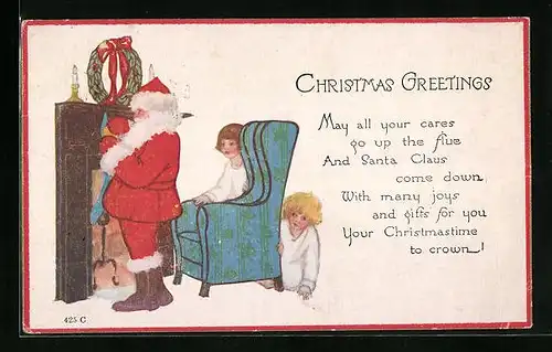 AK Weihnachtsmann schmückt Kamin, Weihnachtsgedicht