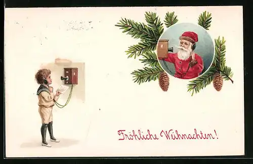 Präge-AK Weihnachtsmann telefoniert mit Knaben im Matrosenanzug