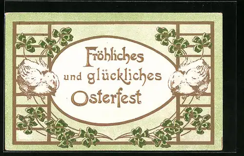 Präge-AK Osterküken umrahmt von Glücksklee