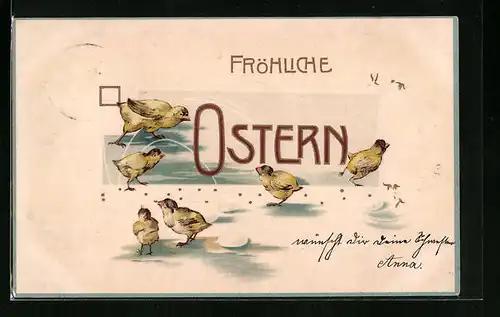 Präge-AK Osterküken in der Schar