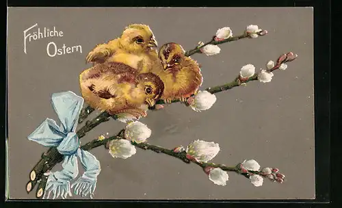 Präge-AK Osterküken auf Weidezweig