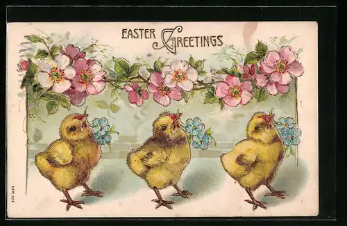 Präge-AK Osterküken unter Kirschblüten, Easter Greetings