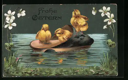 Präge-AK Osterküken schwimmen auf Pantoffel im Teich