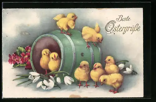 AK Ostergrüsse, Osterküken im Holzfass
