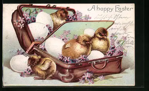 Präge-AK Osterküken im Koffer, A happy Easter