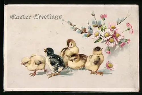 Präge-AK Frühlingsblumen und Osterküken, Easter Greetings