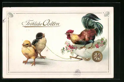 Präge-AK Hahn und Osterküken in Kutsche