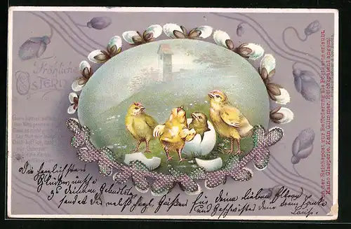 Präge-Lithographie Osterküken umrahmt von Weidenkätzchen