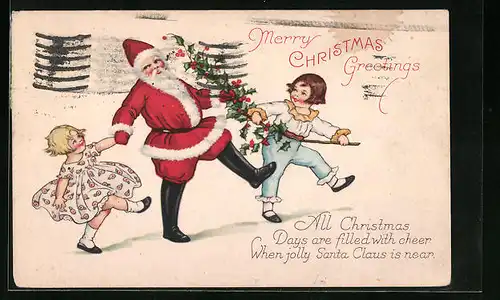 Künstler-AK Weihnachtsmann tanzend mit Kindern, Merry Christmas Greetings