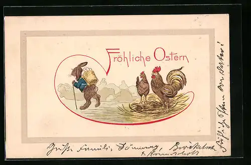 Präge-AK Osterhase mit Eierkorb und Hühnern, Ostergruss