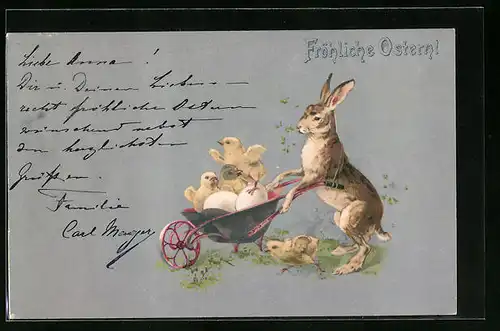 AK Osterhase mit Osterküken auf Karren, Ostergruss
