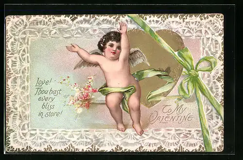 Präge-AK Amor winkt vor goldenem Herz mit Schleife
