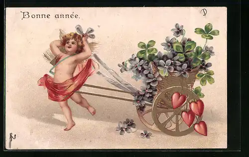 Präge-AK Amor mit Korb Veilchen auf Wagen, Neujahrsgruss