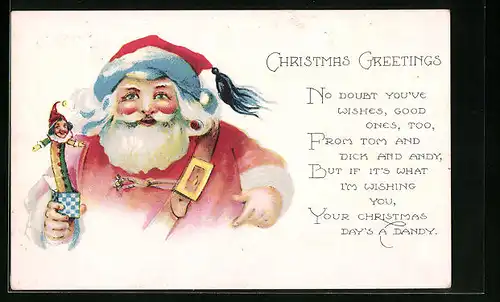 Präge-AK Weihnachtsmann mit Springfigur Kasperle, Weihnachtsgruss