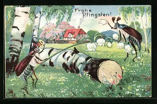AK Zwei Maikäfer auf Stengel mit Maiglöckchen, Pfingstgruss