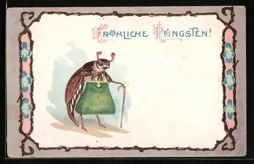 AK Maikäfer mit grüner Tasche und Stock, Pfingstgruss