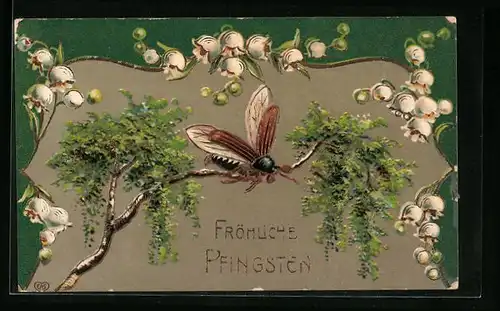 Präge-AK Maikäfer auf einem Ast mit Maiglöckchen, Pfingstgruss
