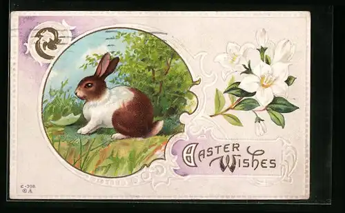 Präge-AK Osterhase in Frühlingslandschaft, Blumen, Ostergruss