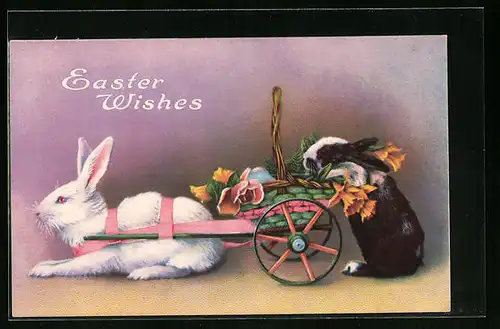 AK Osterhasen mit Blumenkorb auf Wagen, Ostergruss