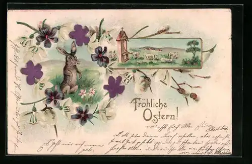 Präge-AK Lämmer vor Flurkreuz, Osterhase mit Blumen, Ostergruss