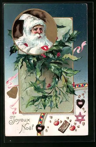 Präge-AK Weihnachtsmann mit Stechpalmenzweig und Gebäck