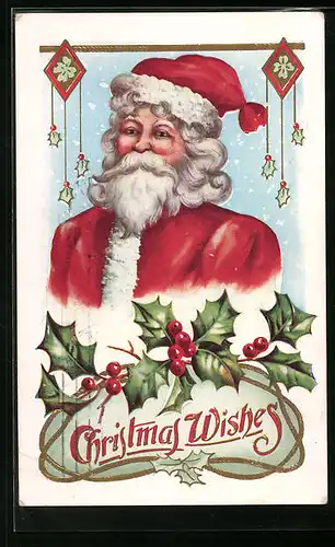 Präge-AK Weihnachtsmann mit Stechpalmenzweig