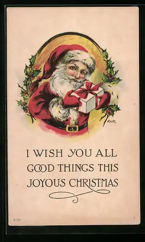 Präge-AK Weihnachtsmann präsentiert Geschenk