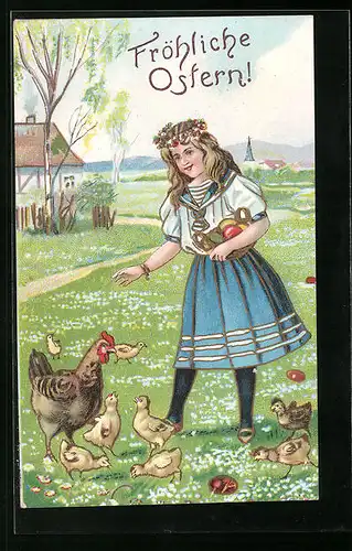 Präge-AK Blondes Mädchen mit Blumenkranz und Osterküken