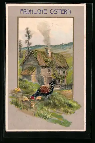 Präge-AK Osterküken mit Hahn vor Landhaus