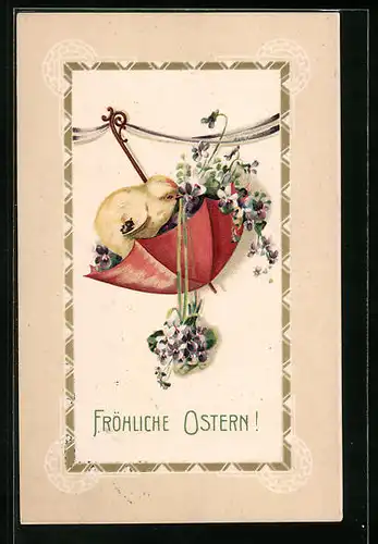Präge-AK Osterküken im Regenschirm mit Frühlingsblumen