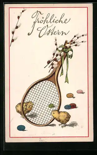 Präge-AK Tennisschläger mit Osterküken