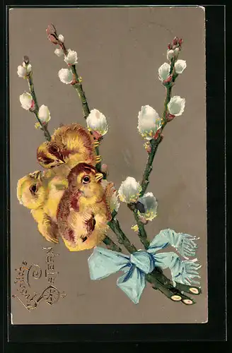 AK Osterküken auf Zweig mit blauer Schleife