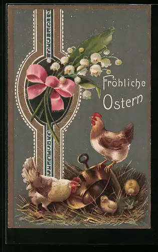 Präge-AK Hennen mit Osterküken und Osterglöckchen mit pinker Schleife
