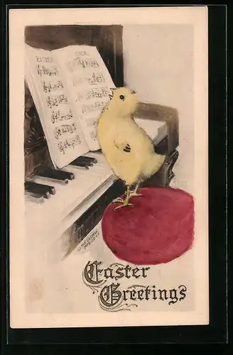 AK Osterküken am Klavier singend