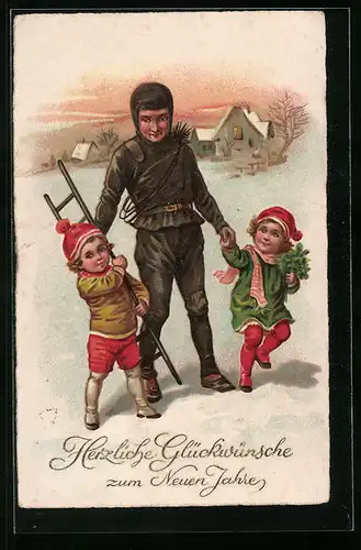 AK Schornsteinfeger mit zwei Kindern im Schnee, Neujahrsgruss