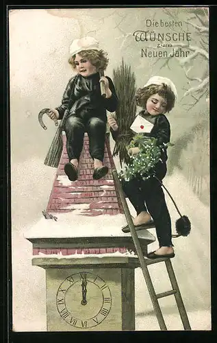 AK Junge, blonde Schornsteinfeger auf Uhrturm sitzend, Neujahrsgruss