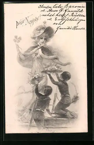 AK Schöne Frau wird von Schornsteinfegern beschenkt, Neujahrsgruss