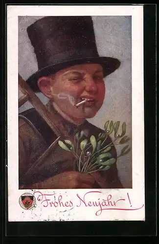 AK Zwinkernder Schornsteinfeger mit Zigarette im Mund, Neujahrsgruss