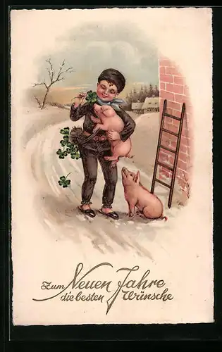 AK Schweine werden von Schornsteinfeger mit Klee gefüttert, Neujahrsgruss