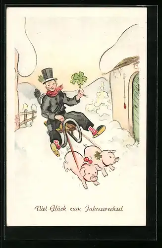 AK Glücksschweine ziehen Schlitten mit Schornsteinfeger, Neujahrsgruss