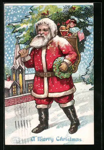 Präge-AK Weihnachtsmann mit Geschenkkorb auf dem Rücken, Weihnachtsgruss