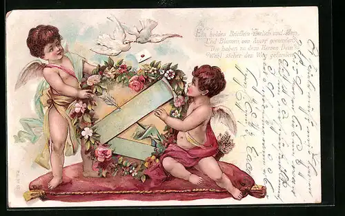 Lithographie Zwei Amor mit Friedenstauben und Blumenkranz