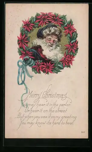 AK Weihnachtsmann im Blumenkranz mit blauer Schleife, Weihnachtsgruss