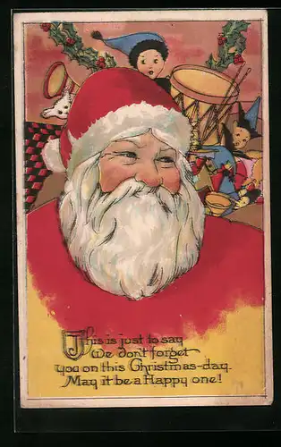 AK Lächelnder Weihnachtsmann mit Spielzeug im Hintergrund, Weihnachtsgruss