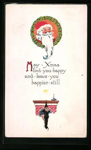 Präge-AK Weihnachtsmann mit gefüllter Socke am Karmin, Weihnachtsgruss