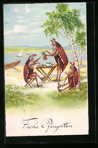 AK Maikäfer beim Frühstücken am See, Pfingstgruss